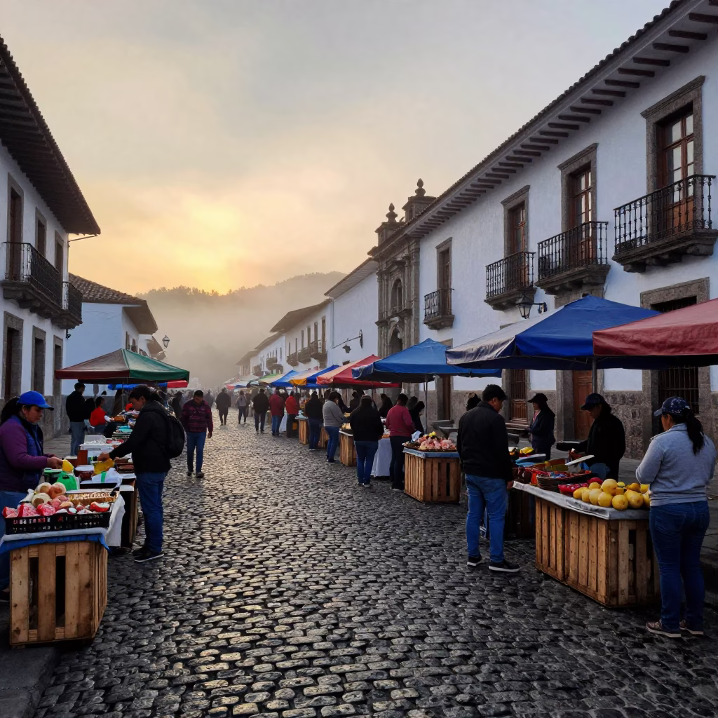 Street Market in Quito at First Light Of Dawn in in Quito, Ecuador