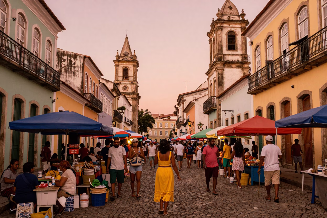 Street Market in Salvador at Copper-toned Light Before Dusk in in Salvador, Brazil