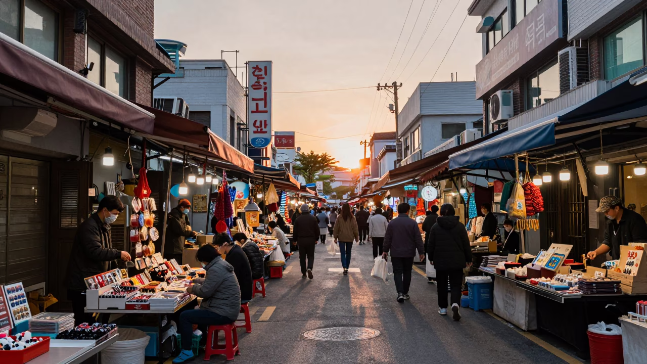 Street Market in Seoul at As The Sun Drops Toward The Horizon in in Seoul, South Korea