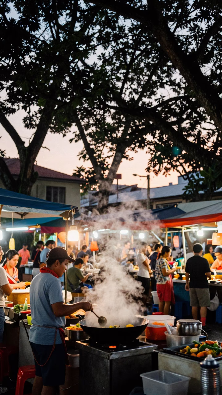 Street Market in Singapore at Nautical Dawn Light in in Singapore, Singapore