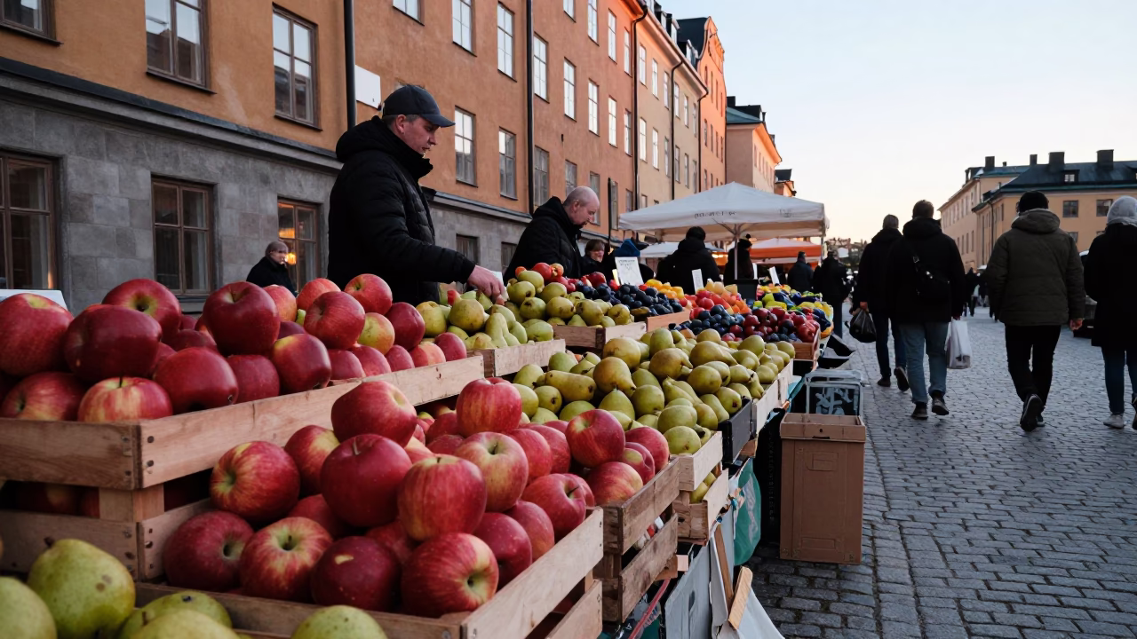 Street Market in Stockholm at The Early Morning Light in in Stockholm, Sweden