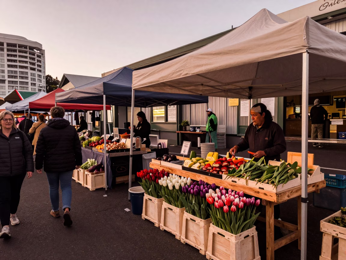 Street Market in Wellington at Copper-toned Light Before Dusk in in Wellington, New Zealand