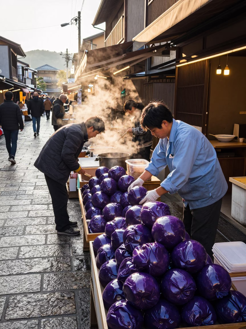 Street Market just after sunrise in Kyoto in in Kyoto, Japan