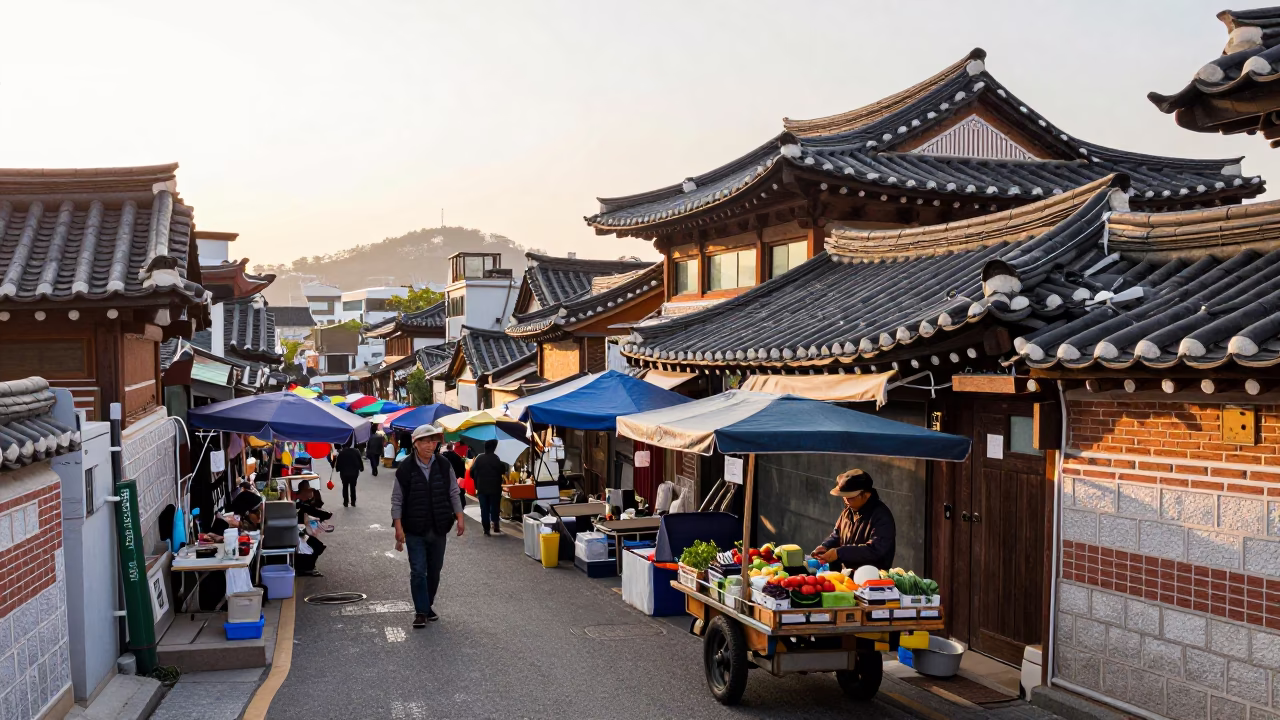 Street Market just after sunrise in Seoul in in Seoul, South Korea