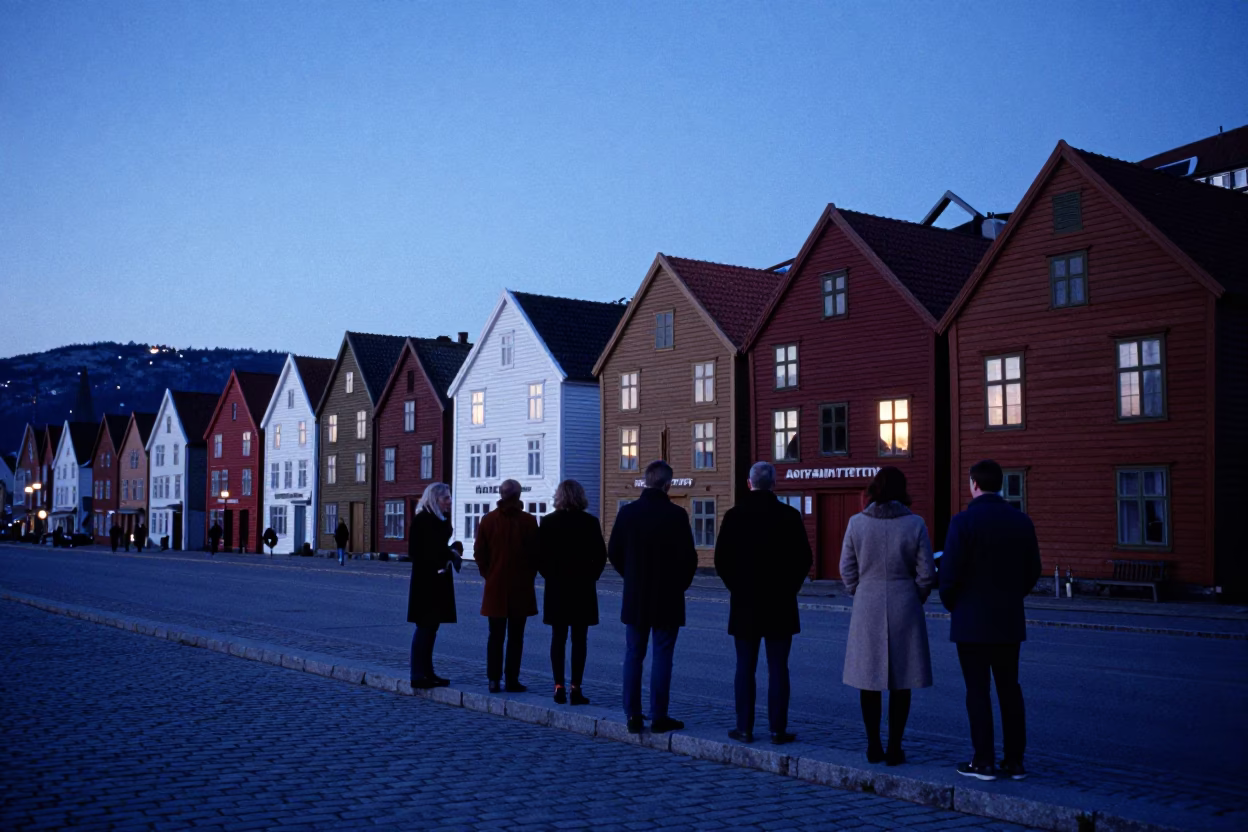 Street Moment in Bergen at Indigo Twilight After Sunset in in Bergen, Norway