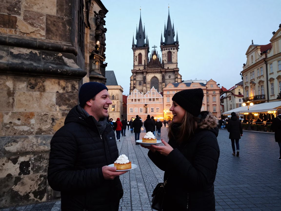 Street Moment in Prague at As City Lights Begin To Glow in in Prague, Czech Republic