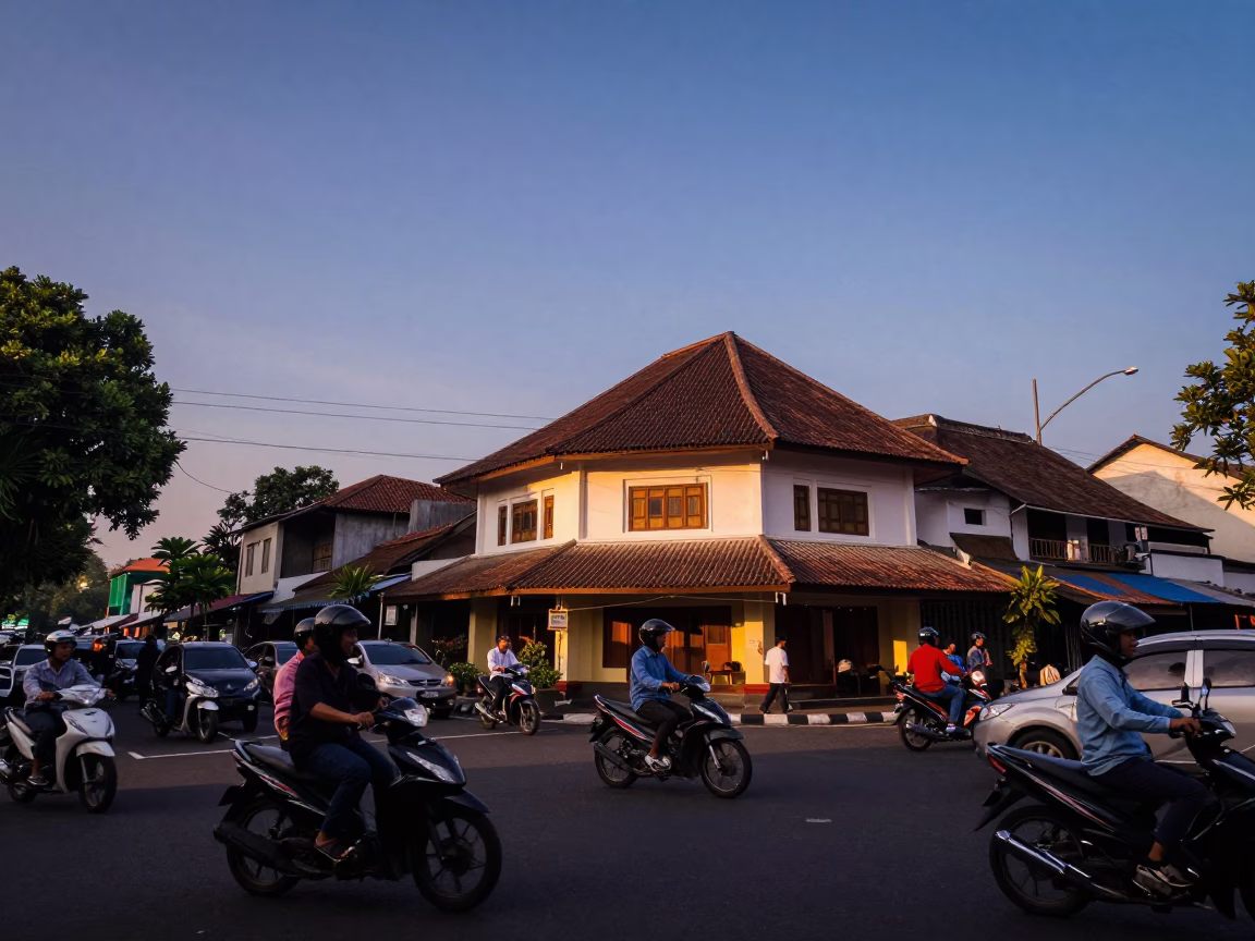 Street Morning in Yogyakarta at As First Light Reaches The Scene in in Yogyakarta, Indonesia