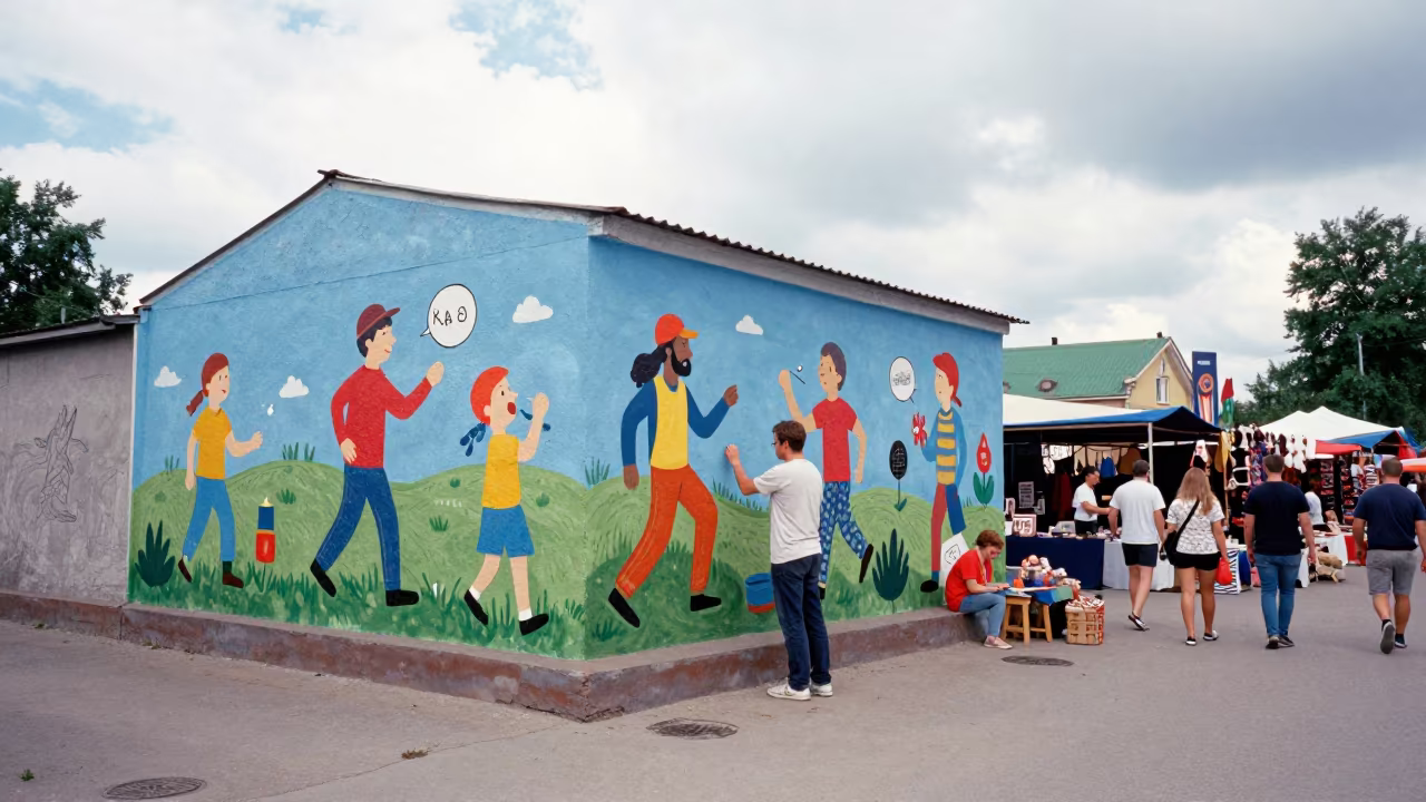 Street Mural Artist Painting at Yekaterinburg Market in at a night market near Yekaterinburg