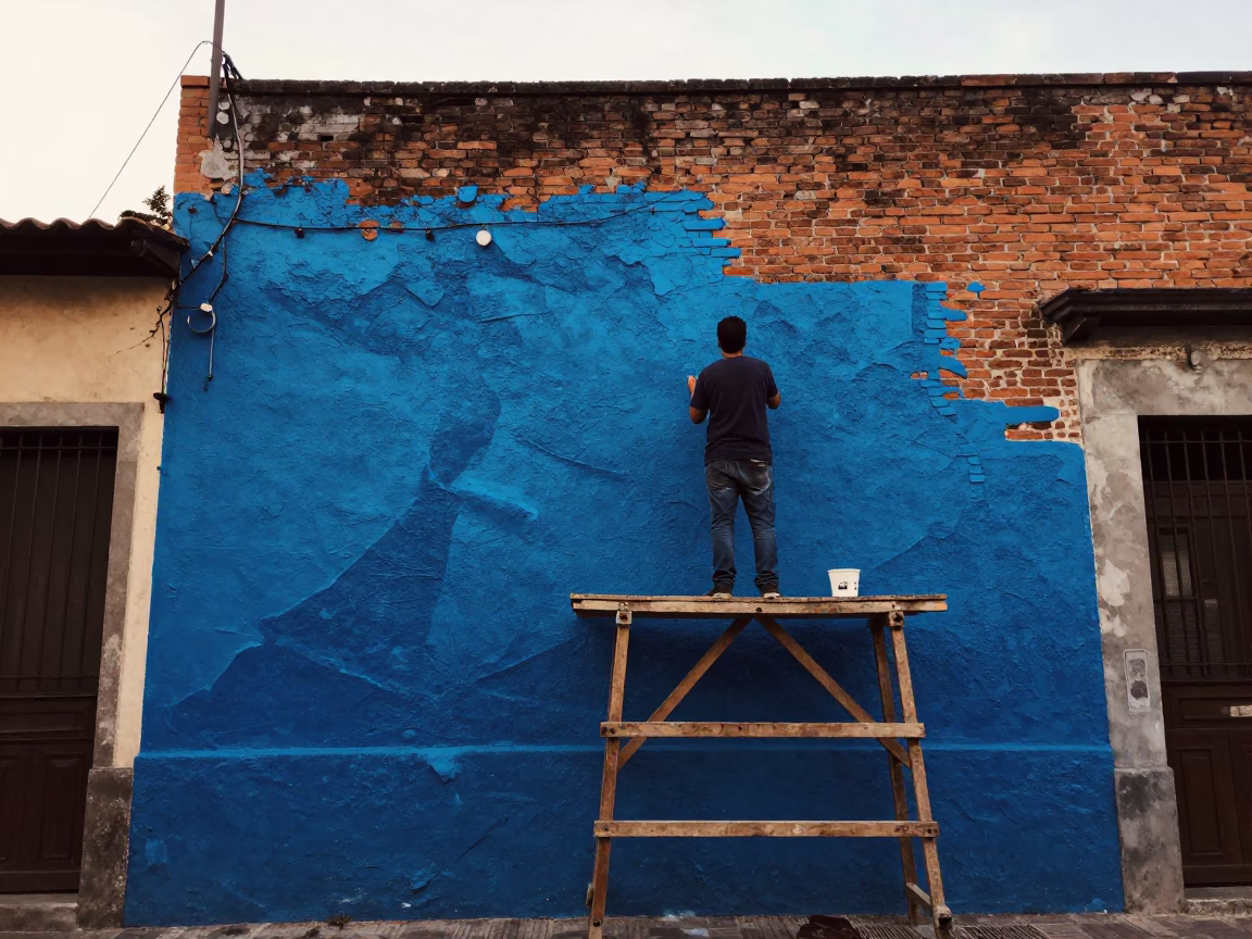 Street Mural Being Painted by an Artist in Buenos Aires Before Dawn in in Buenos Aires, Argentina
