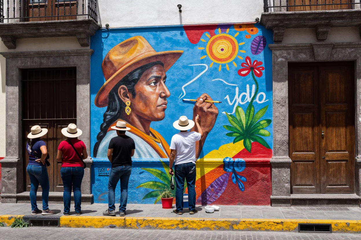 Street Mural in Quito at The Flat Glare Of Noon Light in in Quito, Ecuador