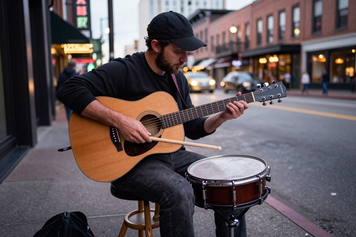 Street Musician Playing Drum Brushes on Acoustic Guitar at Dusk in Nashville Tennessee in in Nashville, Tennessee, United States