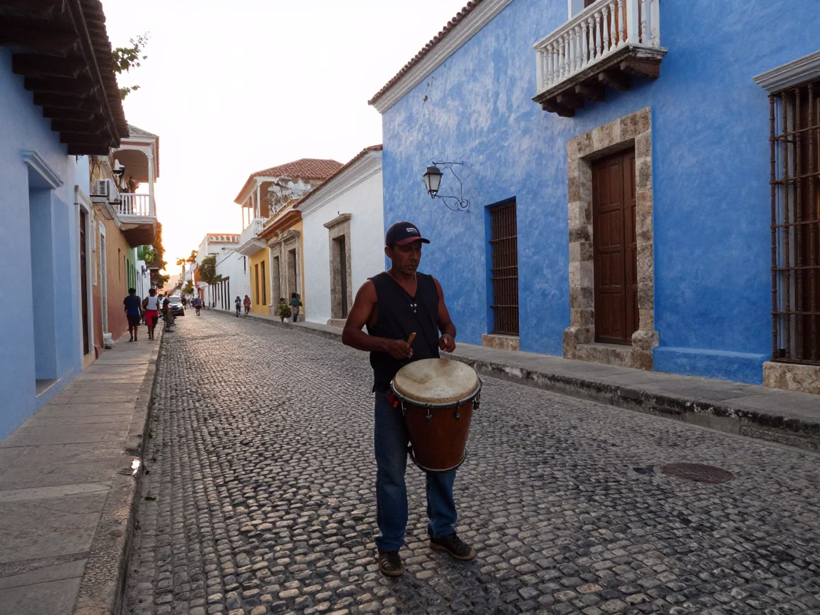 Street musician playing drums on historic cobblestone street in Cartagena Colombia at dawn in in Cartagena, Colombia