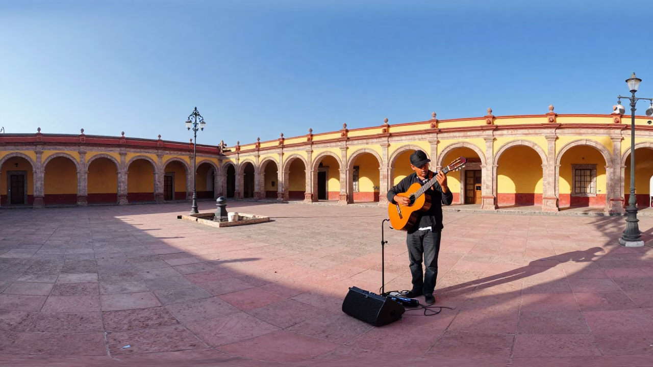 Street musician playing guitar in Merida Mexico late afternoon plaza in in Merida, Mexico