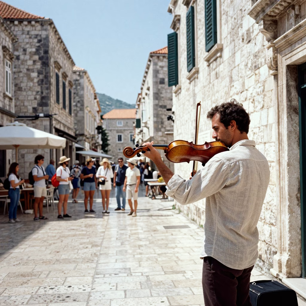Street musician plays violin in Dubrovnik old town under bright midday sun in in Dubrovnik, Croatia