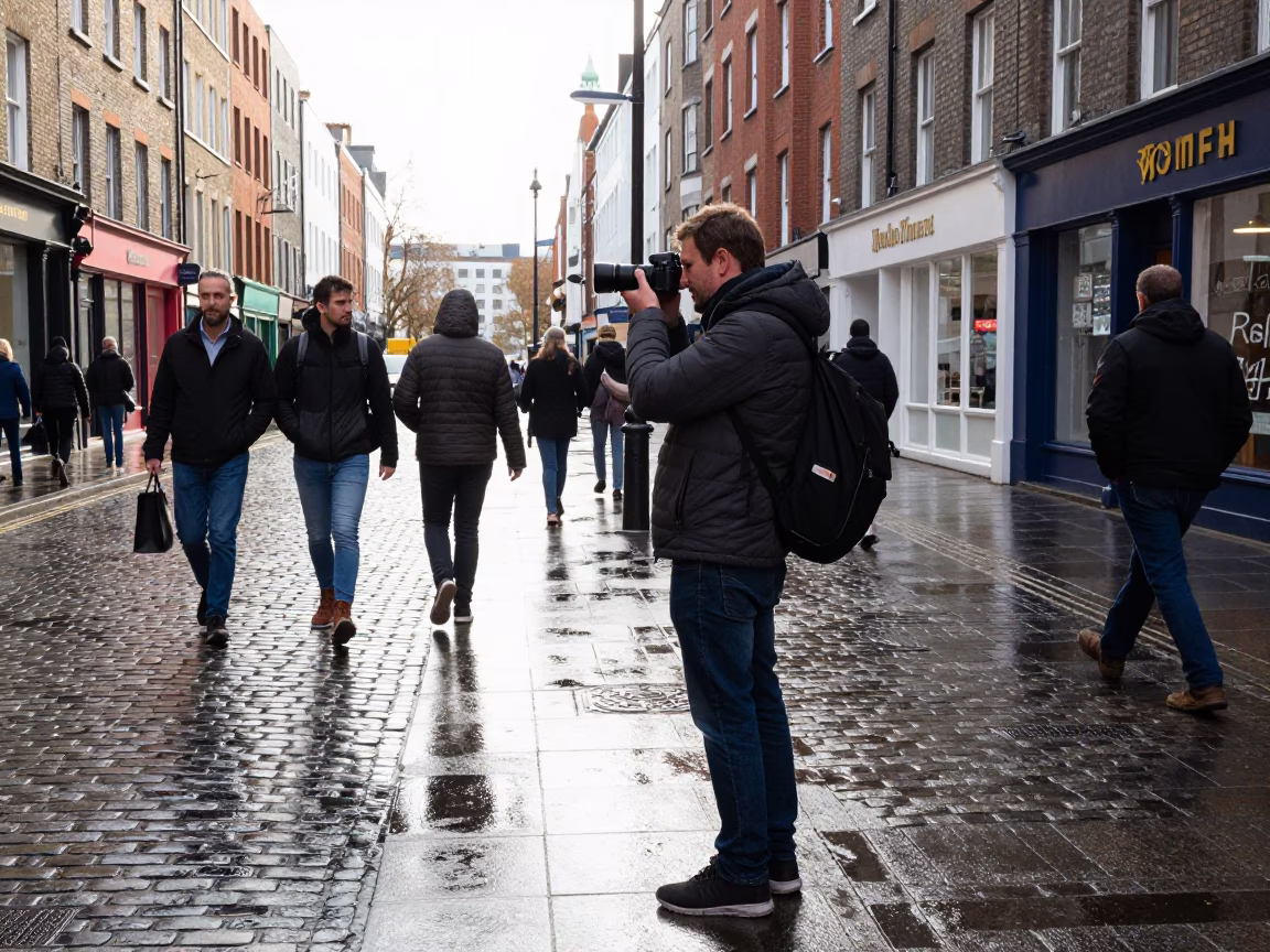 Street Photographer Capturing Dublin City Centre Life in Bright Midmorning Light in in Dublin, Ireland