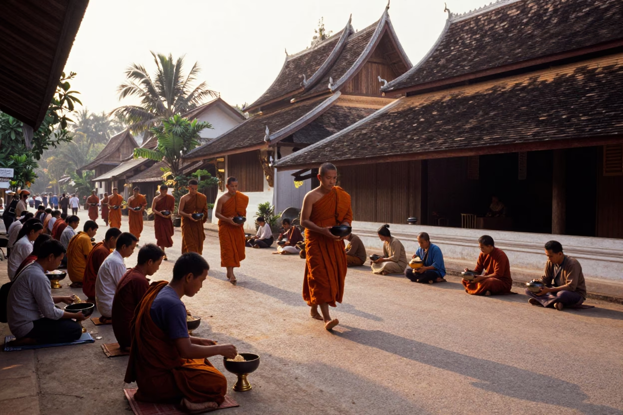 Street Photography at As First Light Reaches The Scene in Luang Prabang in in Luang Prabang, Laos