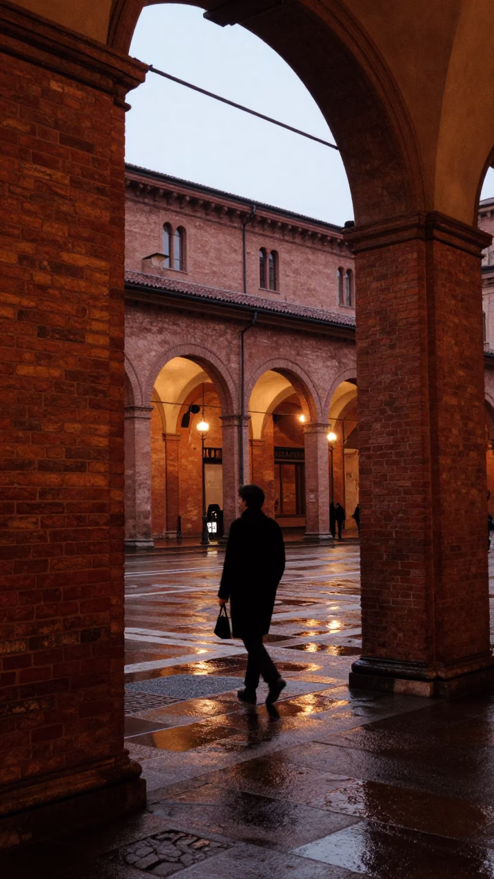 Street Photography in Bologna at Copper-toned Light Before Dusk in in Bologna, Italy