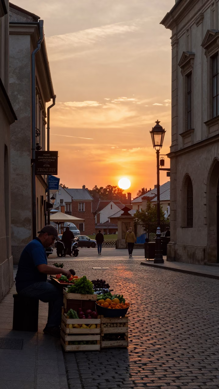 Street Photography in Krakow at As The Sun Drops Toward The Horizon in in Krakow, Poland