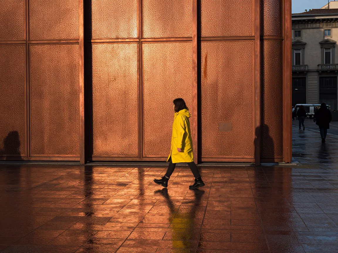 Street Photography in Milan at Copper-toned Light Before Dusk in in Milan, Italy