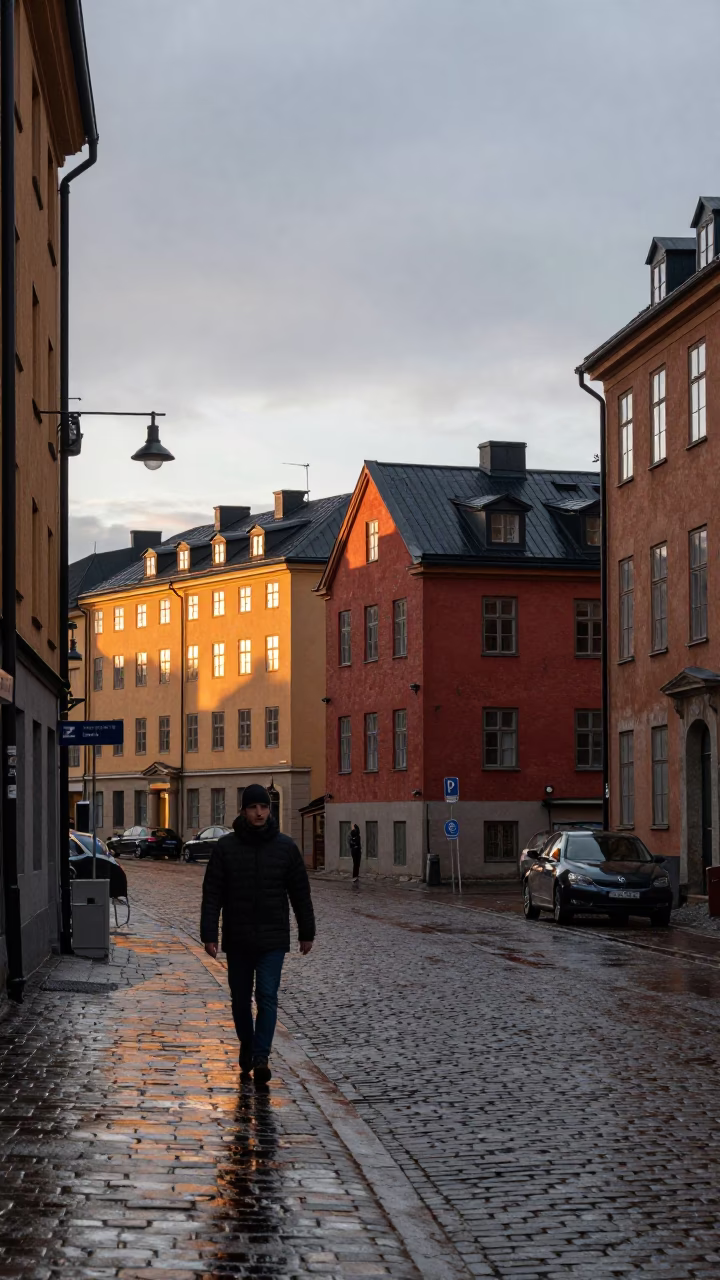 Street Photography in Stockholm at Nautical Dawn Light in in Stockholm, Sweden