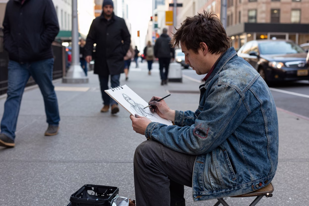 Street Portrait Artist Sketching in New York City Early Afternoon in in New York, New York, United States