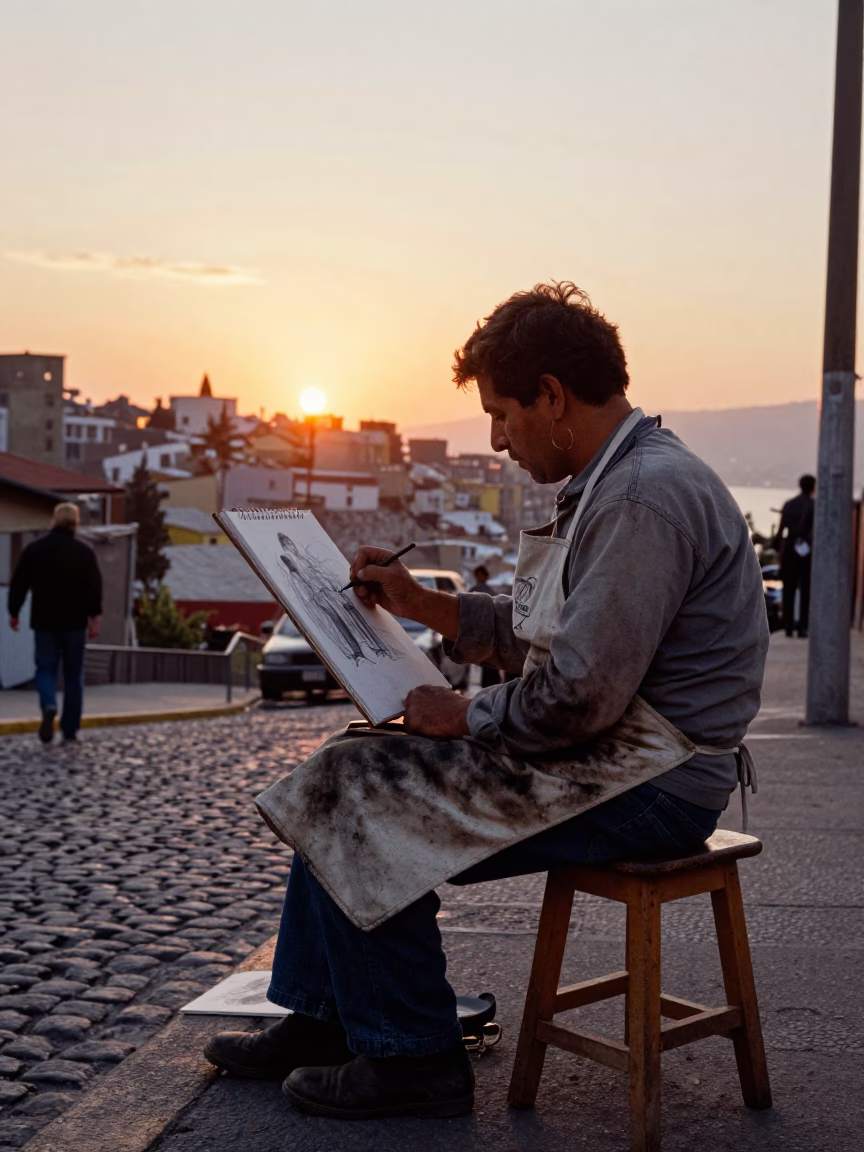 Street Portrait Artist Sketching in Valparaiso Sunset with Charcoal Stained Fingers and Aprons in in Valparaiso, Chile