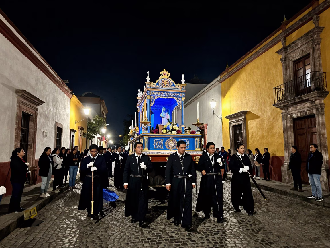 Street Procession in Guadalajara at The Deepest Night Sky Light in in Guadalajara, Mexico