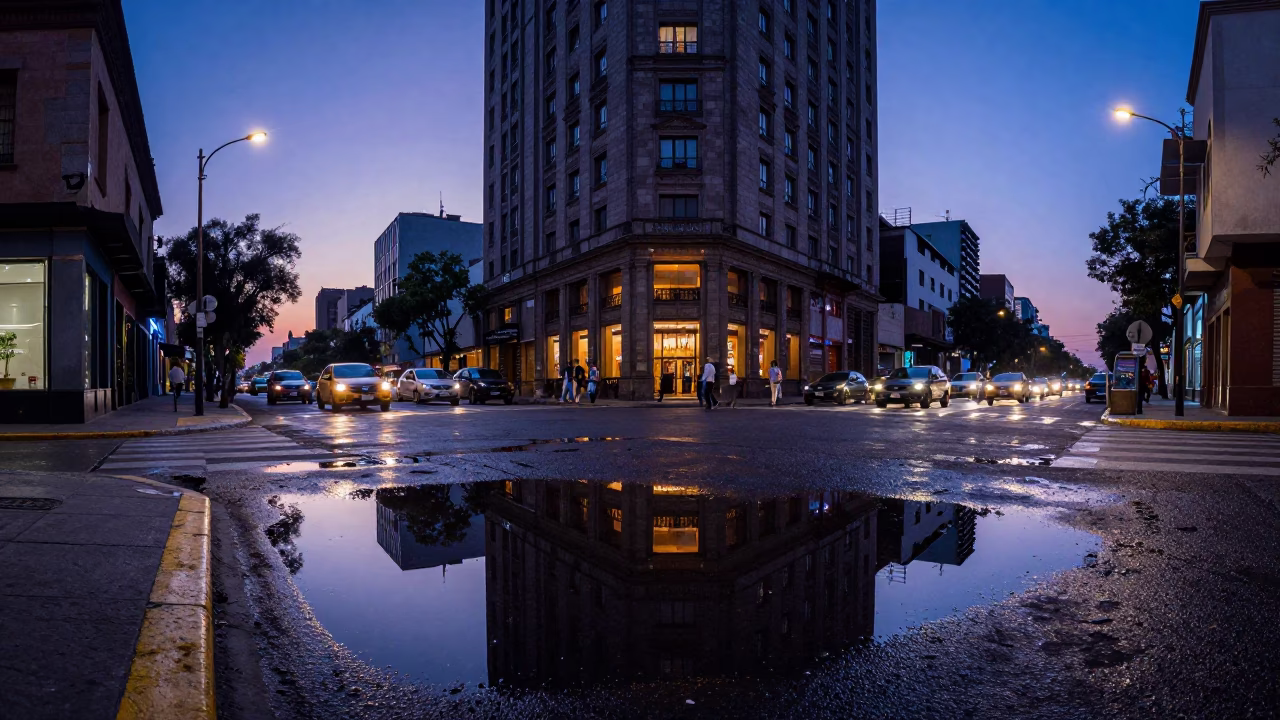 Street Puddle in Mexico City at Indigo Twilight After Sunset in in Mexico City, Mexico