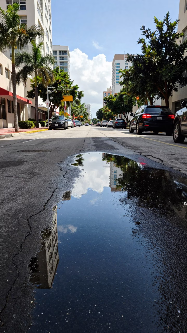 Street Puddle in Miami at The Flat Glare Of Noon Light in in Miami, Florida, United States