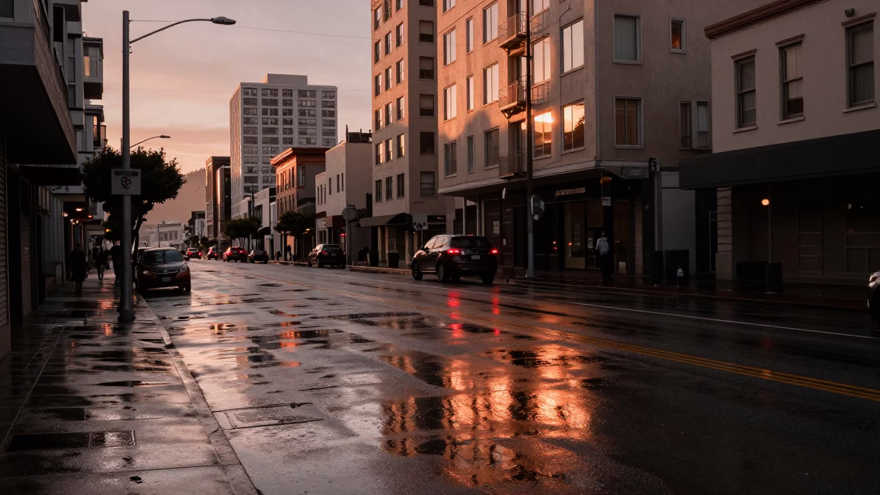 Street Reflection in San Francisco at Copper-toned Light Before Dusk in in San Francisco, California, United States