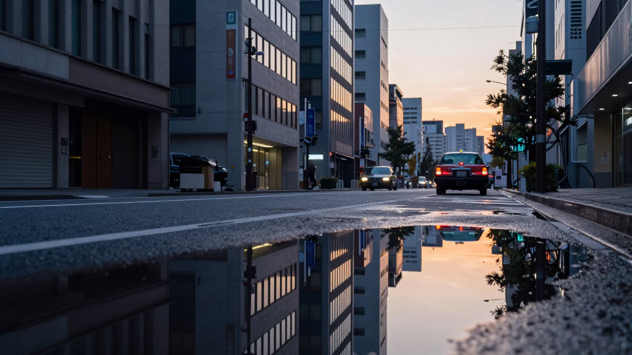 Street Reflections at Sunrise Light in Osaka in in Osaka, Japan
