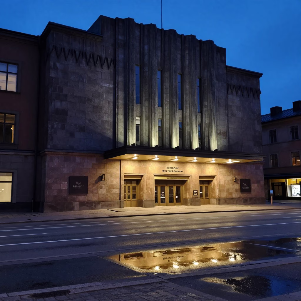 Street Reflections in Stockholm at The Still Hours Before Dawn Light in in Stockholm, Sweden