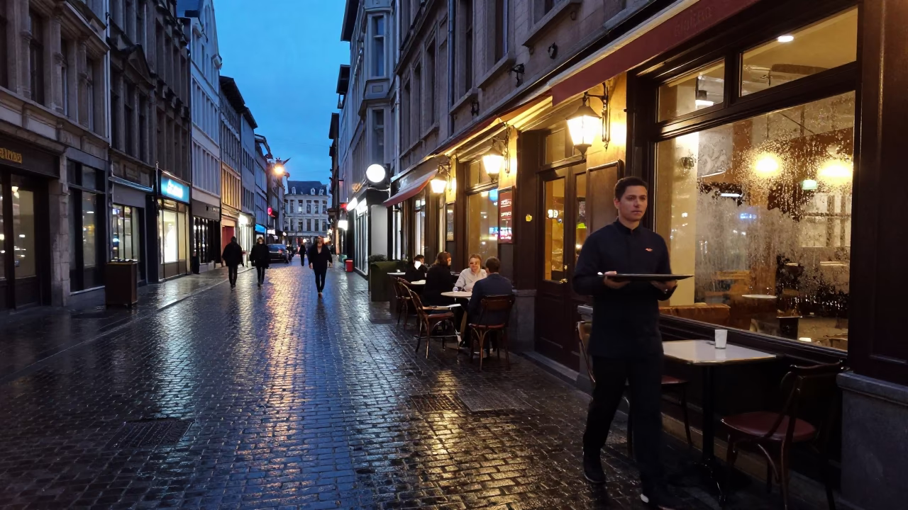 Street Scene after dark in Brussels in in Brussels, Belgium