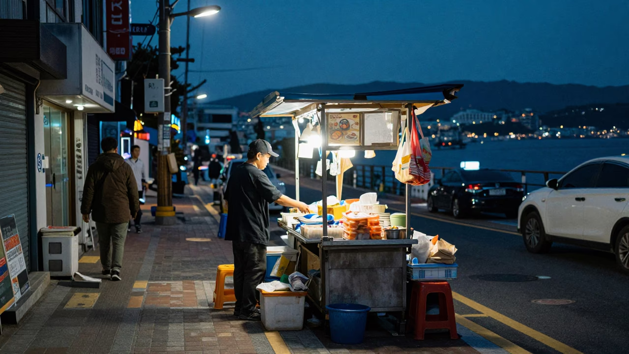 Street Scene after dark in Busan in in Busan, South Korea