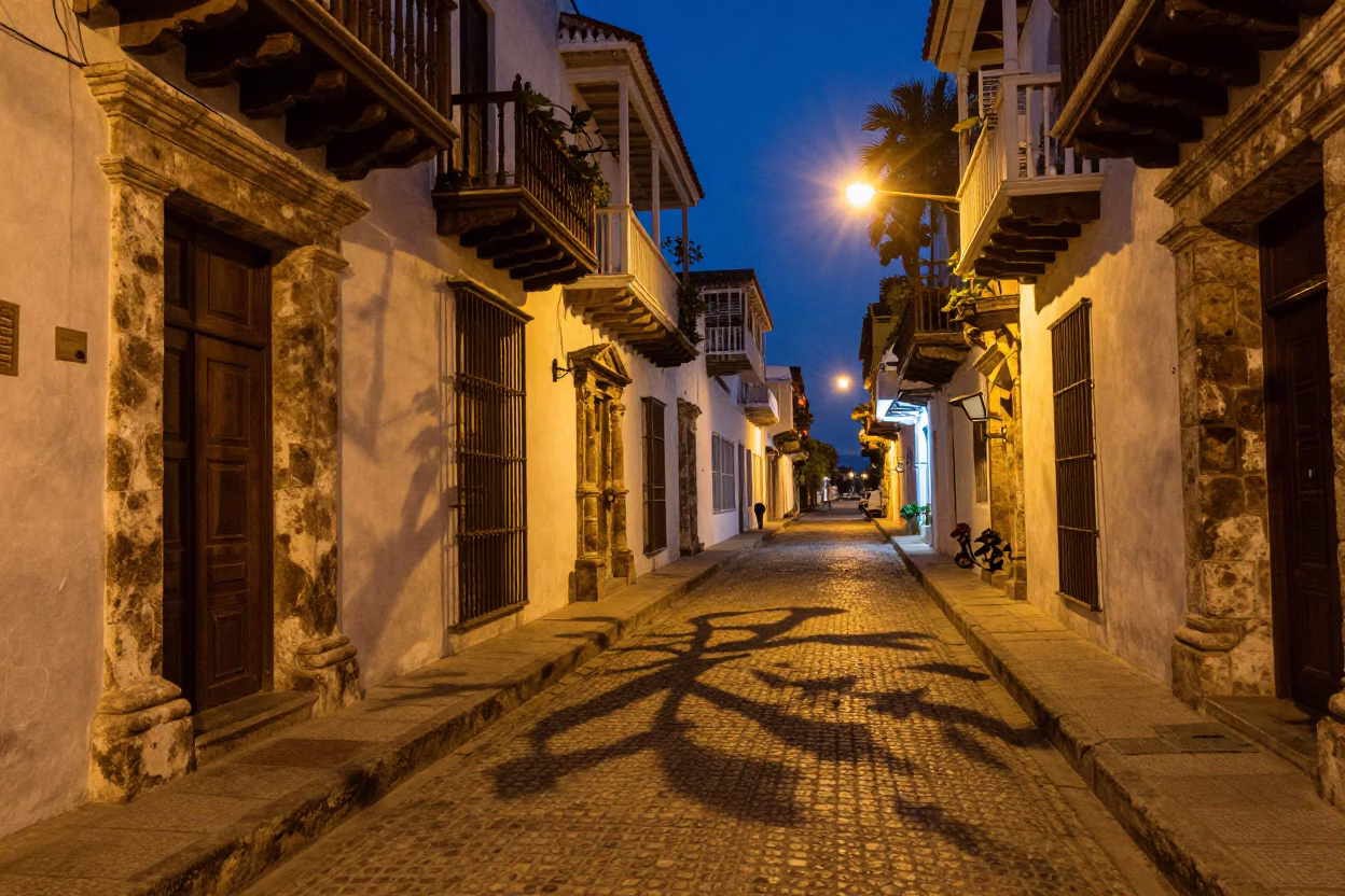 Street Scene after dark in Cartagena in in Cartagena, Colombia