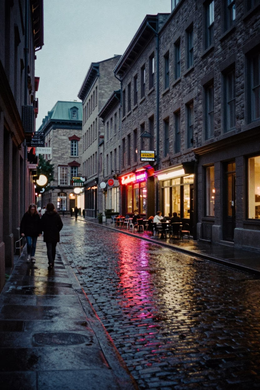 Street Scene after dark in Montreal in in Montreal, Quebec, Canada