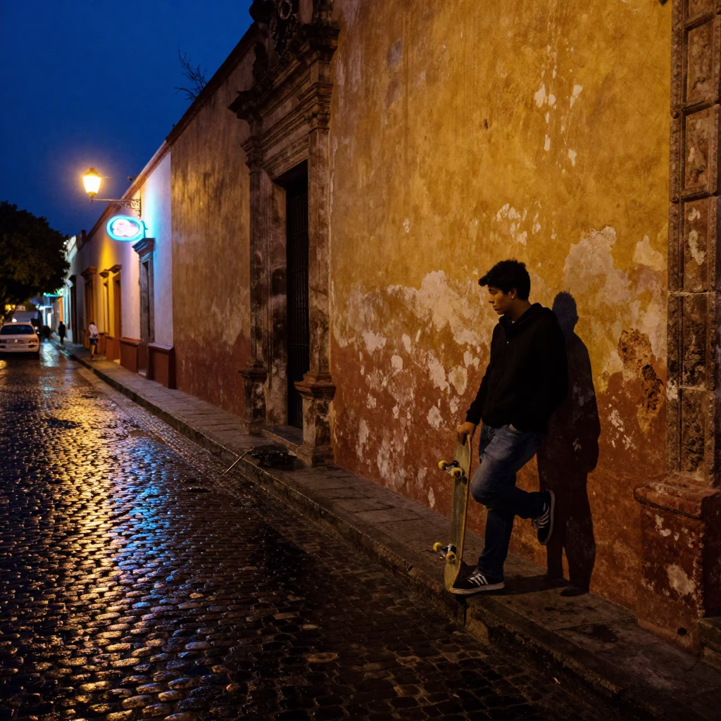 Street Scene after dark in Oaxaca in in Oaxaca, Mexico