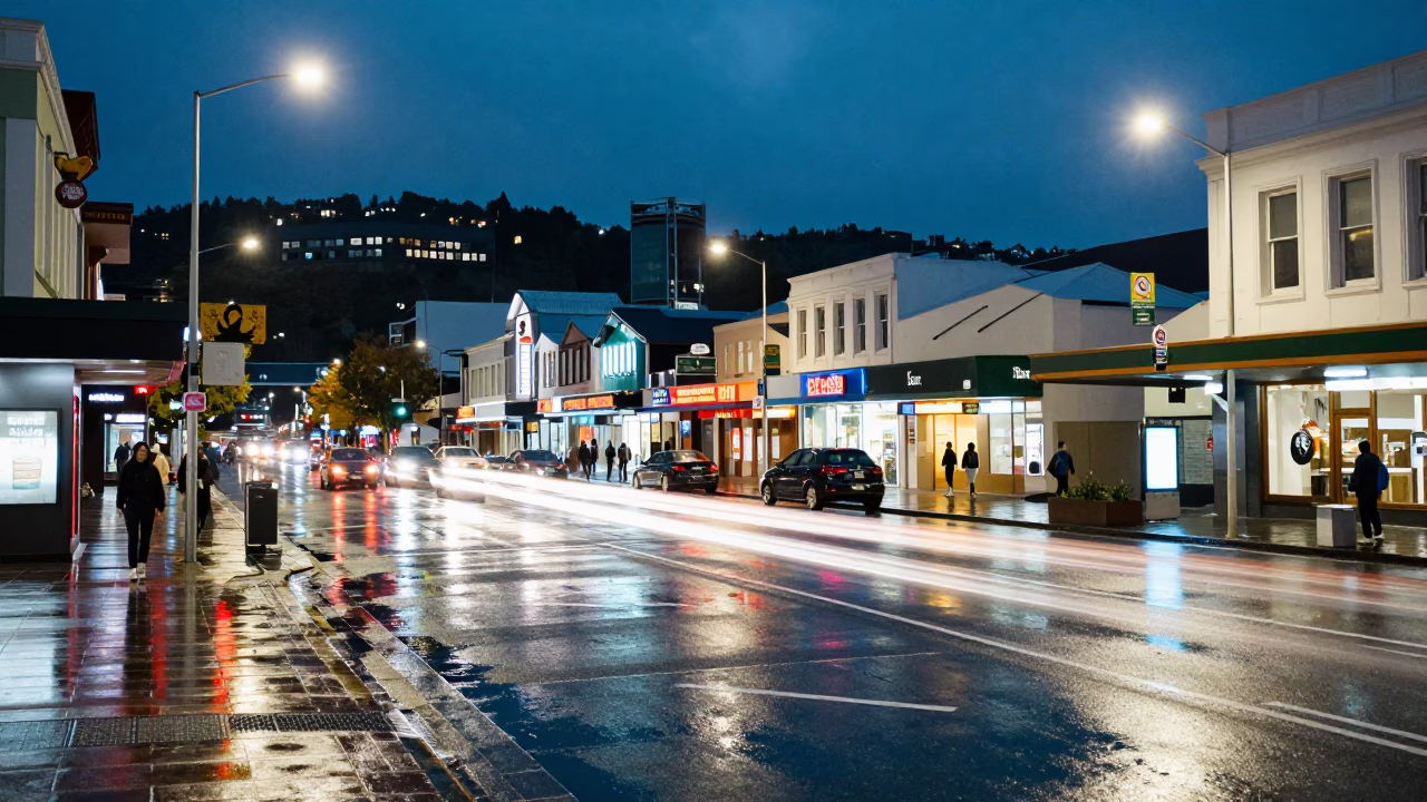 Street Scene after dark in Wellington in in Wellington, New Zealand