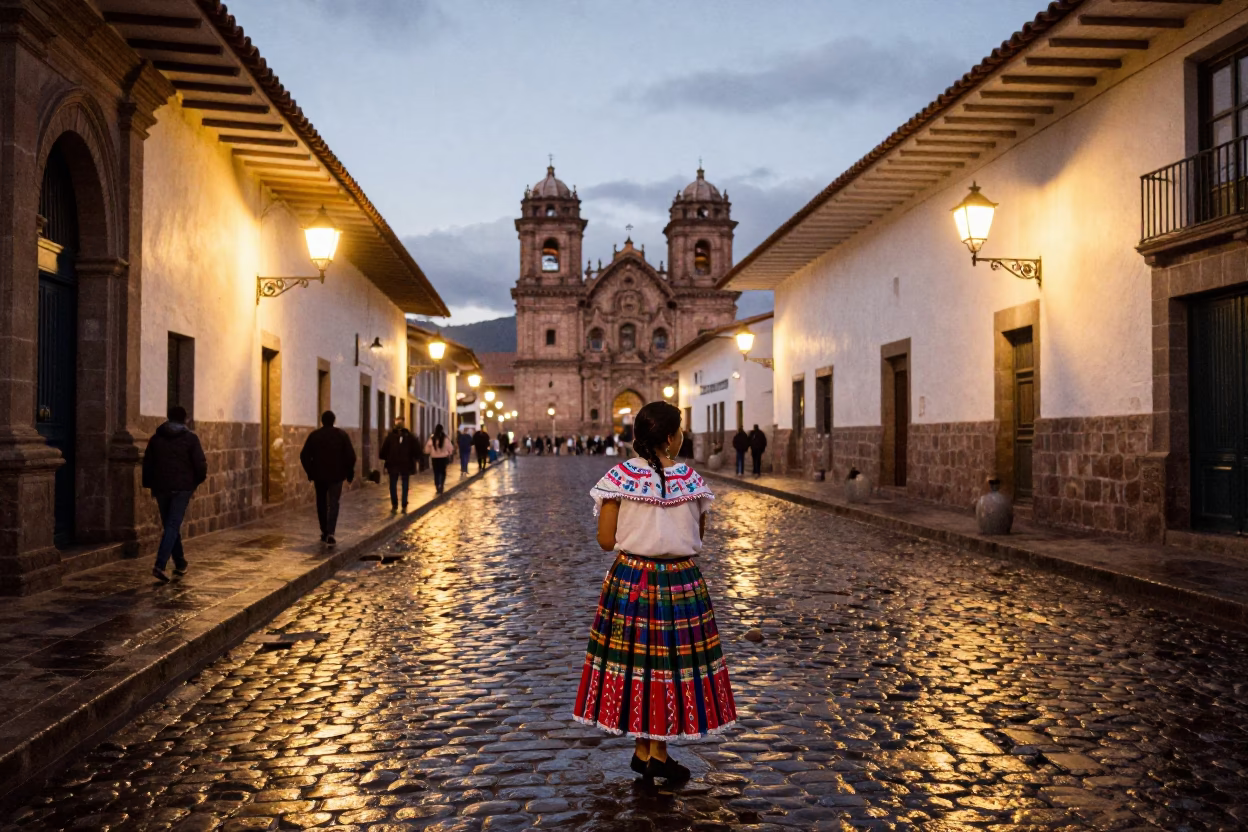 Street Scene at As City Lights Begin To Glow in Cusco in in Cusco, Peru