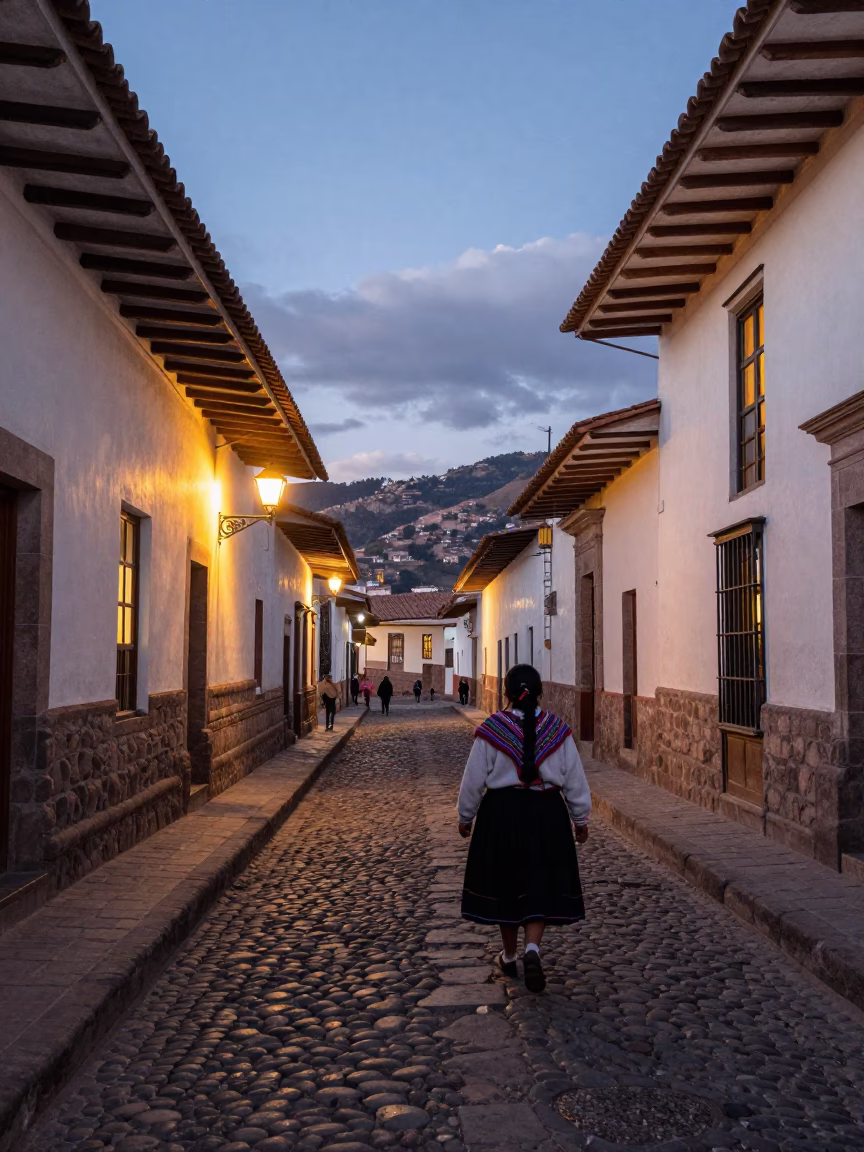 Street Scene at As City Lights Begin To Glow in Cusco in in Cusco, Peru