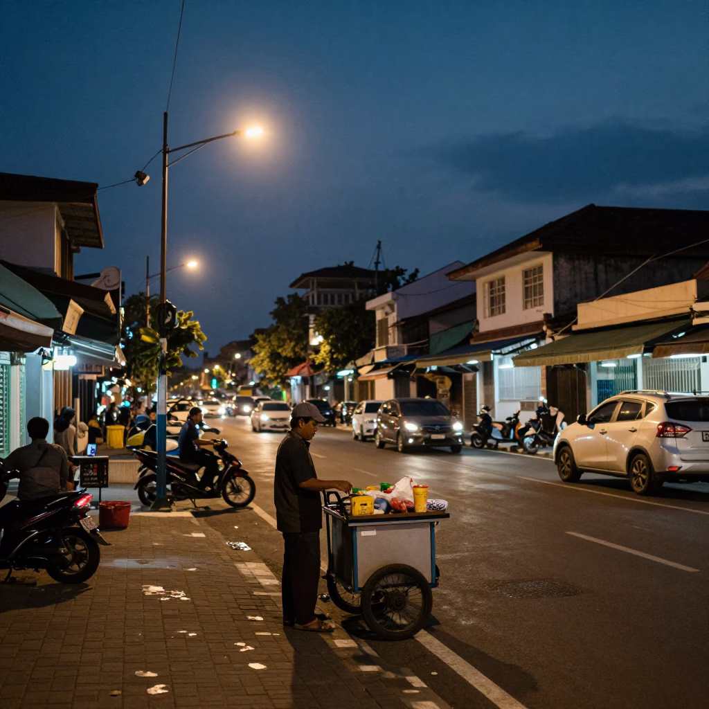 Street Scene at As City Lights Begin To Glow in Denpasar in in Denpasar, Indonesia