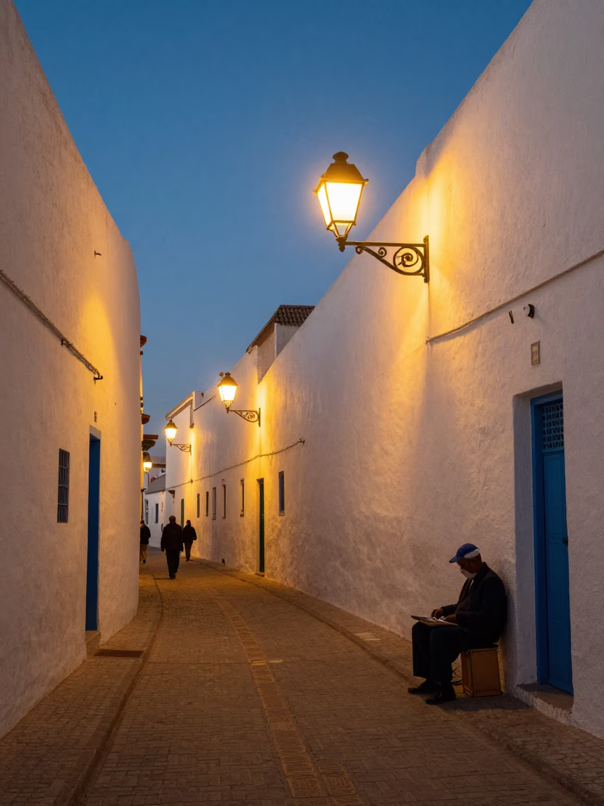 Street Scene at As City Lights Begin To Glow in Essaouira in in Essaouira, Morocco