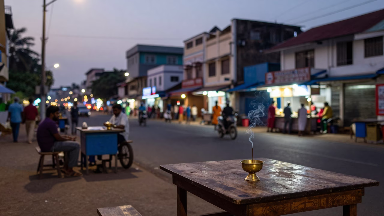 Street Scene at As City Lights Begin To Glow in Kochi in in Kochi, India
