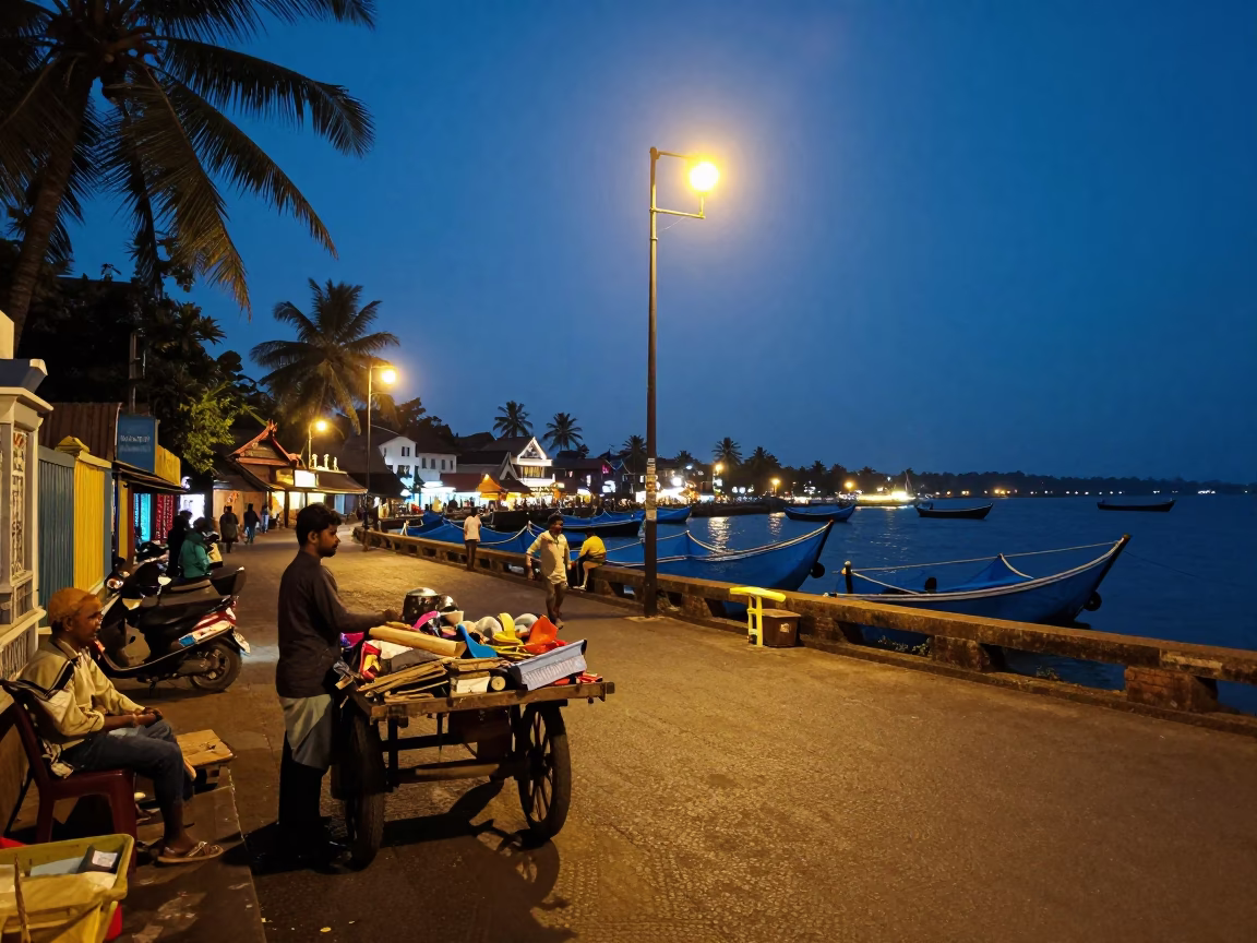 Street Scene at As City Lights Begin To Glow in Kochi in in Kochi, India