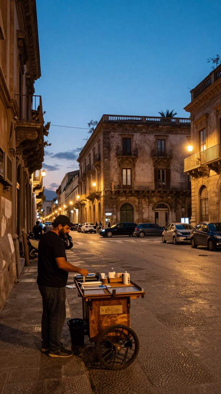Street Scene at As City Lights Begin To Glow in Palermo in in Palermo, Italy