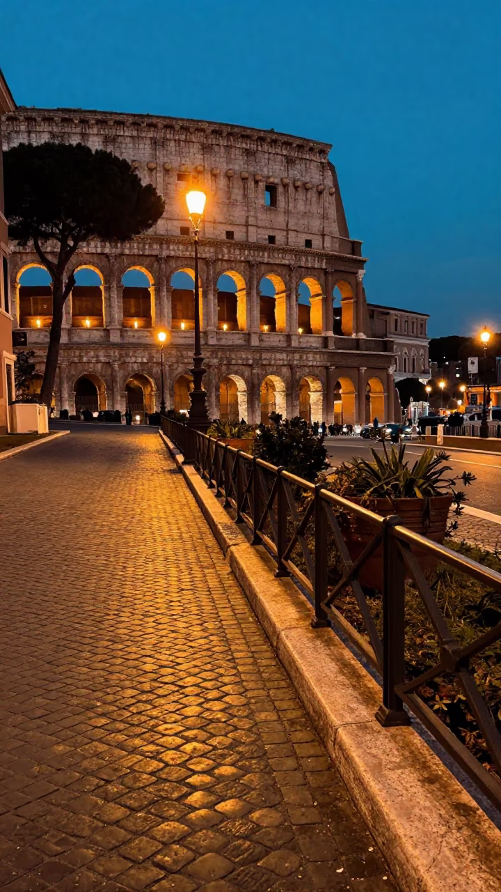 Street Scene at As City Lights Begin To Glow in Rome in in Rome, Italy