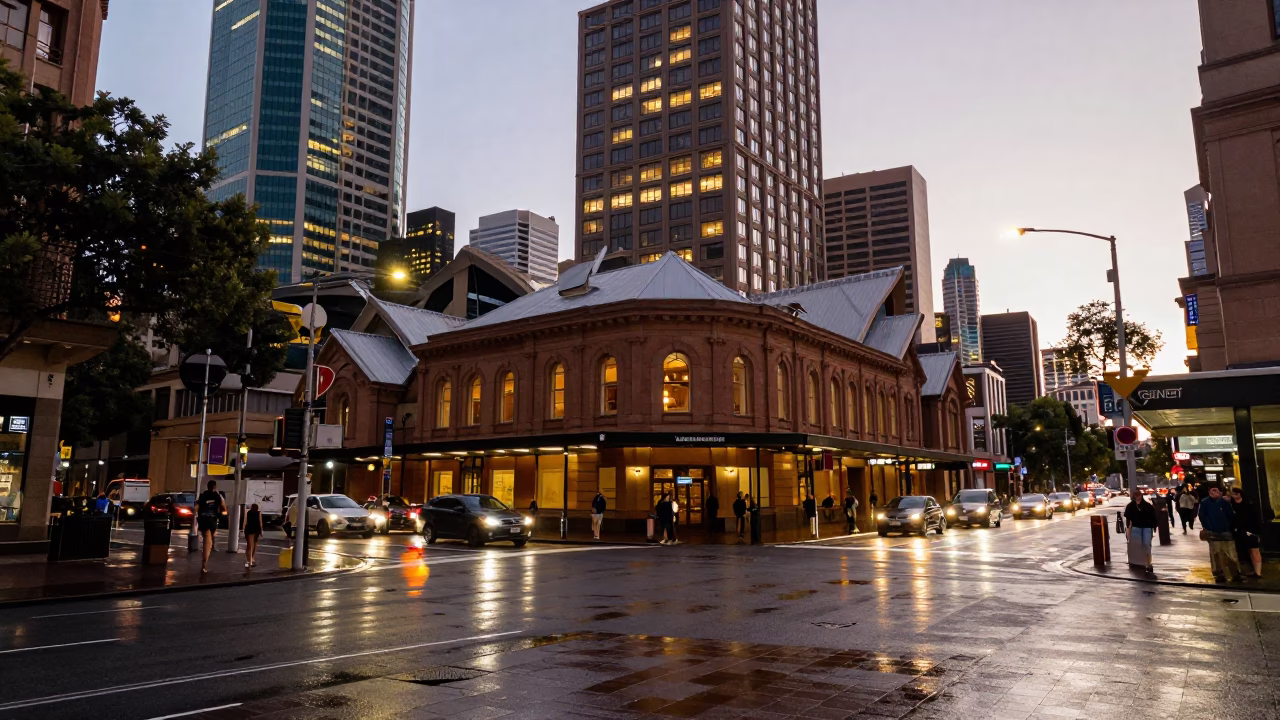 Street Scene at As City Lights Begin To Glow in Sydney in in Sydney, New South Wales, Australia
