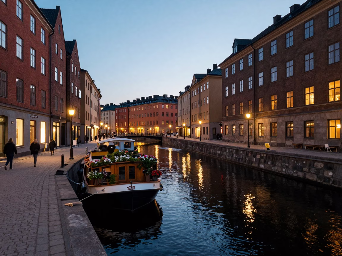Street Scene at As City Lights Begin To Glow in Stockholm in in Stockholm, Sweden