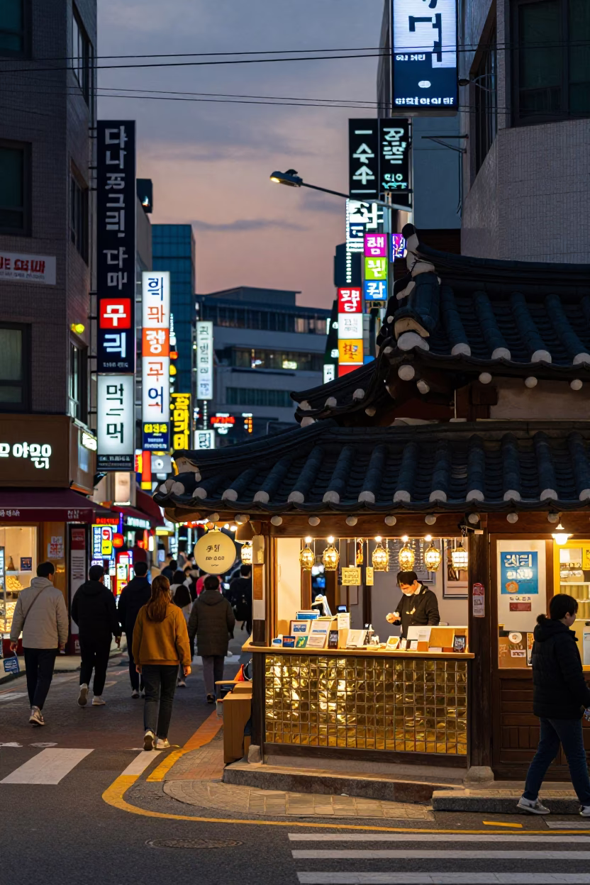 Street Scene at As City Lights Begin To Glow in Seoul in in Seoul, South Korea