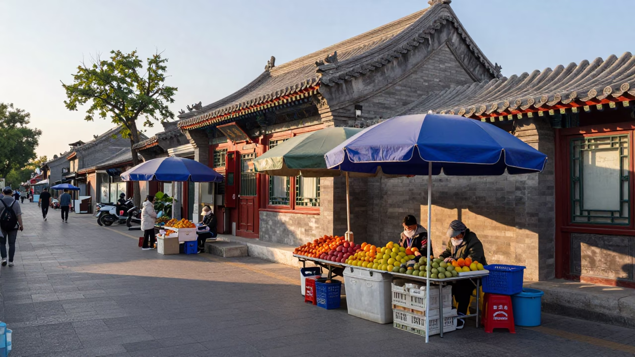 Street Scene at As First Light Reaches The Scene in Beijing in in Beijing, China